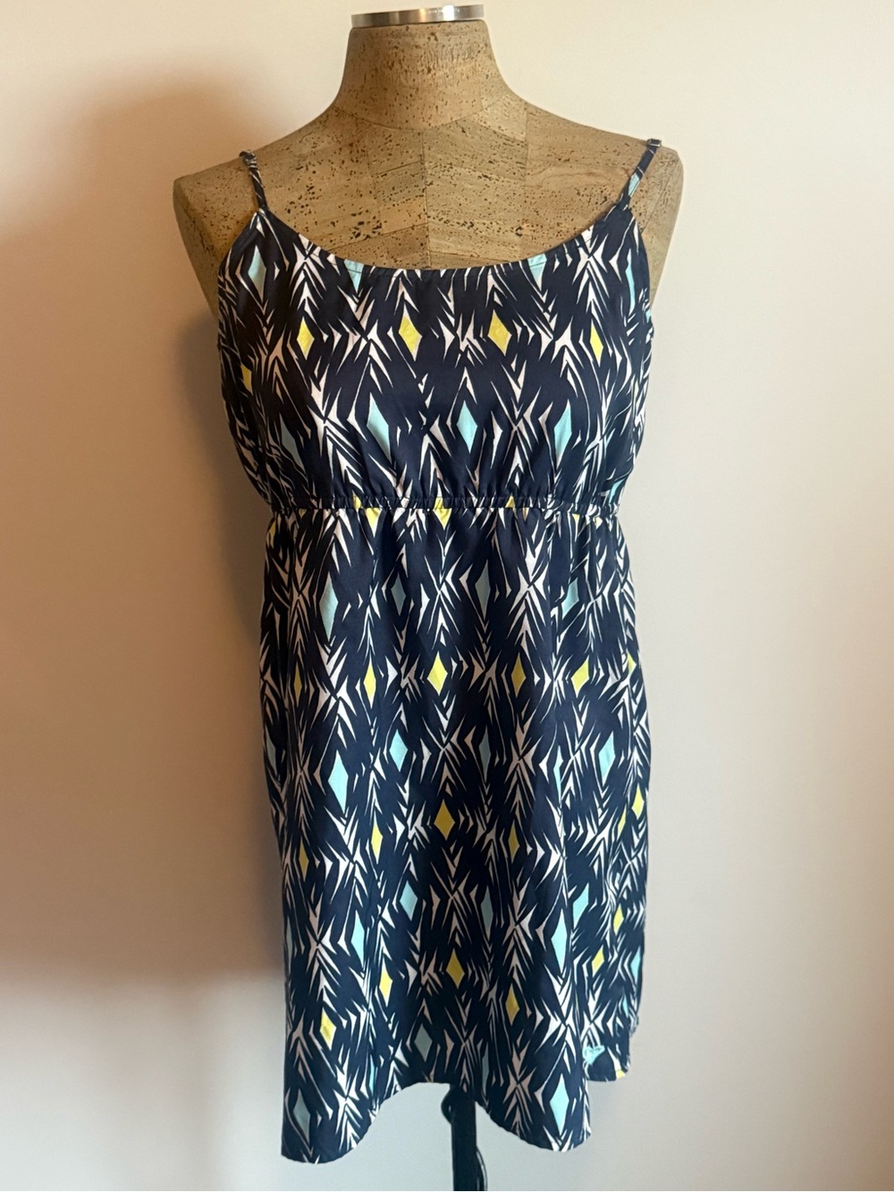 Roxy Sleeveless Navy Print Sundress with Yellow & Aqua Accents L